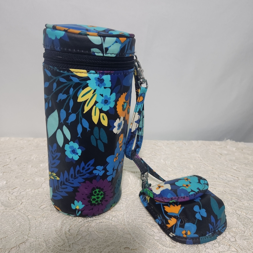 Vera Bradley Blue/Black Floral Drink Zip Holder & Attached Magnetic Mini Wallet